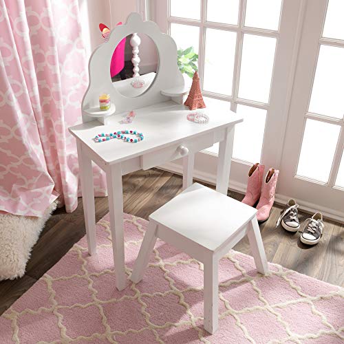 KidKraft White Medium Wooden Vanity Table and Stool for Kids, Dressing Table with Mirror and Stool, Kids' Desk with Drawer, Children's Playroom/B