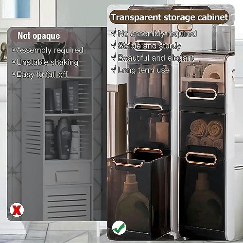 Narrow Bathroom Storage Cabinet with Drawer, 4-Tier Large Capacity Tall Slim Bathroom Floor Cabinet with Plastic Drawers and Casters Vertical Sto