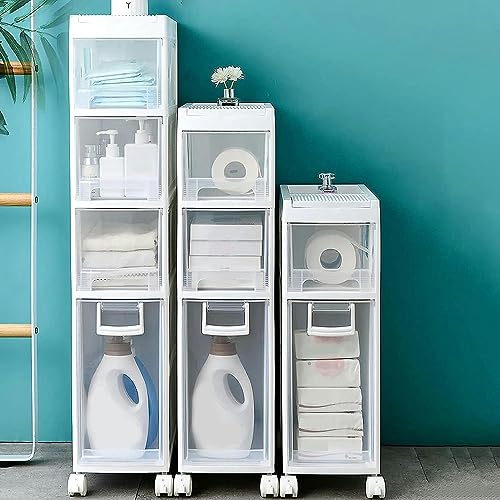 OPSREY Narrow Slim Bathroom Floor Cabinet, Skinny Toilet Paper Storage Cabinet with 4 Plastic Drawers and Casters Large Capacity Vertical Storage