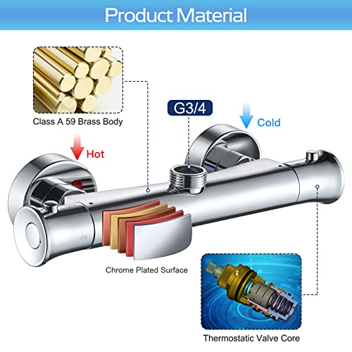 kisimixer Thermostatic Shower Mixer Bar Valve Top Outlet, Wall Mounted Shower Mixer Tap Modern, Outlet Up Bar Shower Valve with 3/4" BSP (26.4mm)