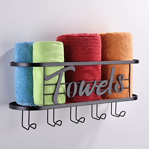 KEGII Towel Storage Rack Wall Mounted with 5 Hooks, Rolled Bath Hand Towel Holder, Black Bathroom Decor, Stainless Steel Shelf Organiser