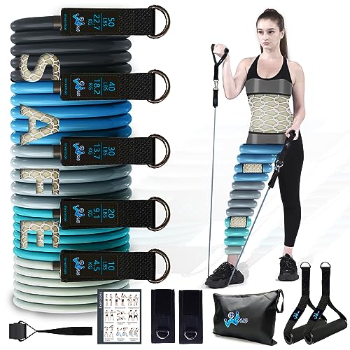 WEUE Resistance Band Safety Tube INVENTION Exercise Band for Fitness Workout Band with Handles for Men Women, Up to 150lbs with Foam Handles, Ank