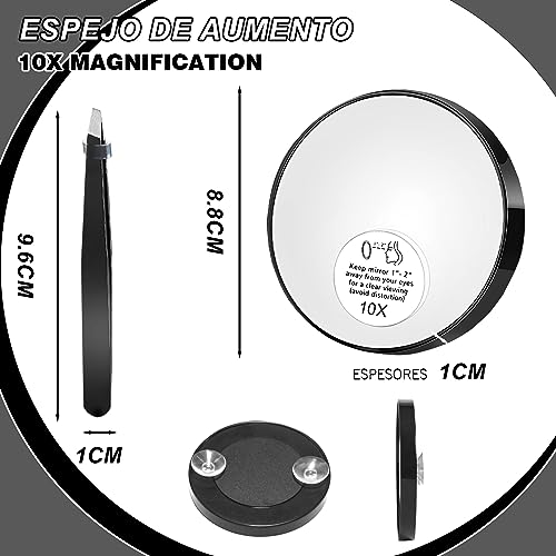 10x Travel Magnifying Mirror with Suction Cups and Tweezers Kit Portable Magnifying Makeup Mirror Black Cosmetic Mirror Magnified for Shaving Mak