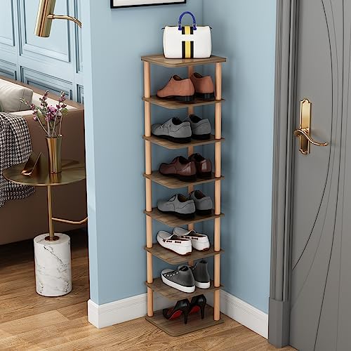 LUCKNOCK 8 Tiers Vertical Narrow Shoe Rack/ Organizer, Stylish Wooden Space Saving Shoe Storage Stand/ Shelf/ Tower Free Standing for Entryway, N