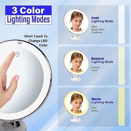 Snowflakes 10x Magnifying Lighted Makeup Mirror with Lights, Suction Cups, and 360° Swivel – Touch Control, 3 Light Modes – Ideal for Home, Bathr