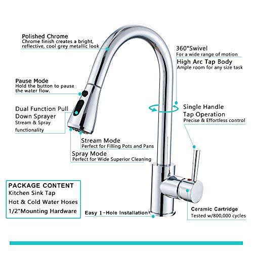 Heable Kitchen Sink Mixer Tap with Pull Down Sprayer Chrome, Single Handle High Arc Pull Out Kitchen Taps, Single Level Solid Brass Kitchen Fauce