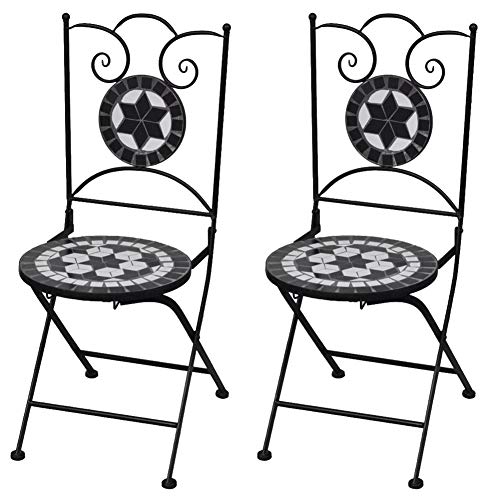 Foldable Bistro Chairs, Romantic Mosaic Bistro Chairs Weather-resistant Easy-to-Clean Ceramic Chair for Garden Patio Balcony Black and White