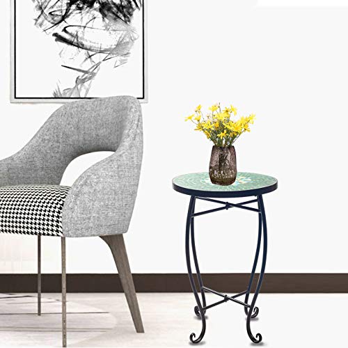 display4top Mosaic Round Outdoor Accent Table,Plant Flower Stand,Round Side Table (Green)