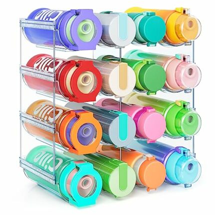 Water Bottle Organizer (Upgraded Widen), 4 Pack Stackable Plastic Water Bottle Cup Holder, Wine/Drink/Water Bottle Storage Stand for Kitchen Coun