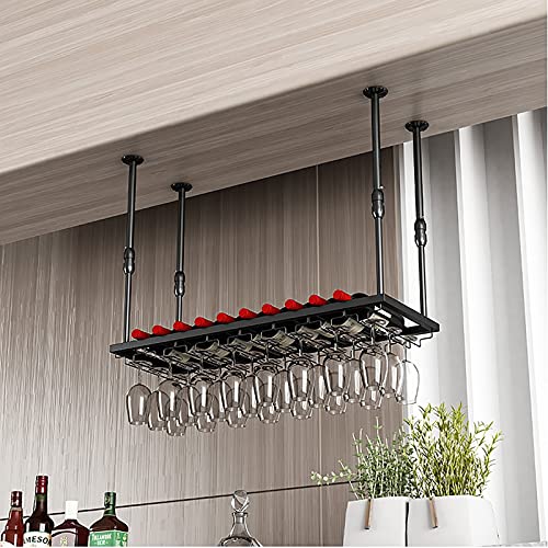 EYLINK Wall Mounted Wine Racks, Black Ceiling Wine Bottle Rack, Height-Adjustable Wall-Mounted Wine Rack, Wine Glass Storage Rack For Restaurant,