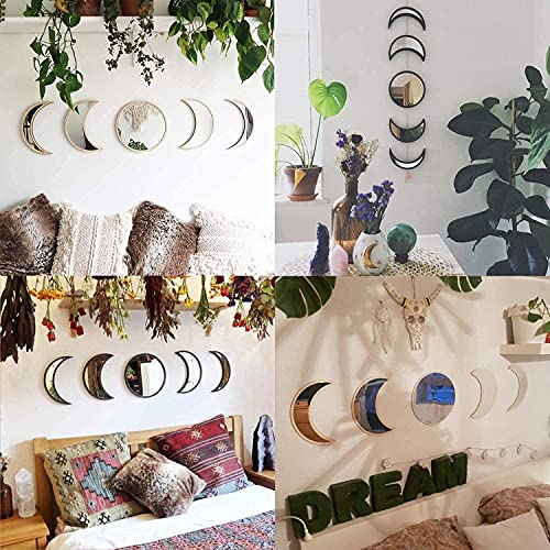 MAXROCK Moon Phase Mirror Set, 5 Piece Scandinavian Natural Decor Wall Decorative Acrylic Mirror Bohemian Moon Mirror for Living Room Bedroom, Ho