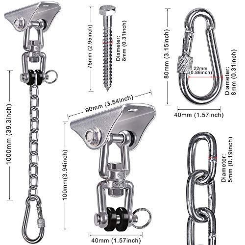SELEWARE Permanent Antirust Stainless Steel 304 Heavy Duty Swing Hangers with Chain and Carabiner, 360° Rotate, 2 Screw for Wooden Hammock Chair