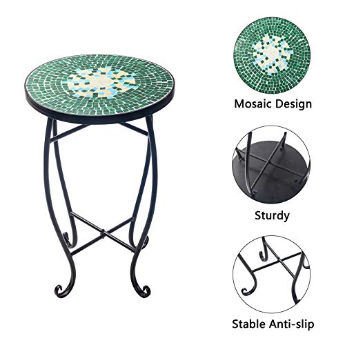 display4top Mosaic Round Outdoor Accent Table,Plant Flower Stand,Round Side Table (Green)