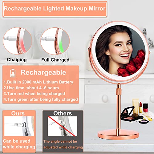 Lighted Magnifying Makeup Mirror with Lights,Height Adjustable,1x/10X Rechargeable Magnified Vanity Mirror with 3 Color Lights,360° Rotation Ligh