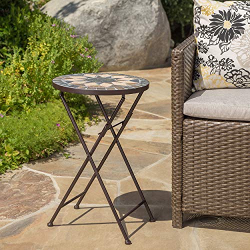 GDF Studio Sandor Outdoor Beige and Black Stone Side Table with Iron Frame