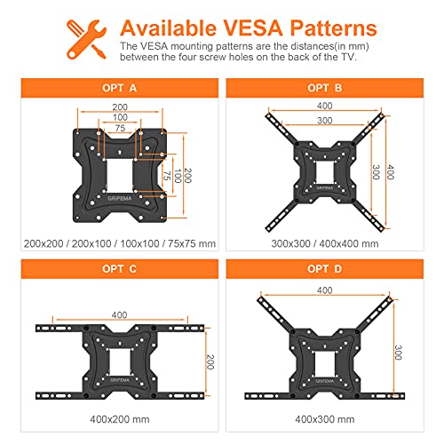 GRIFEMA GB1004 Swivel TV Wall Bracket, for 26-55 inch Screens, for Flat & Curved TV up to 30KG, Tilt (+ 5°,-10°), VESA Mount 75x75MM to 400X400MM