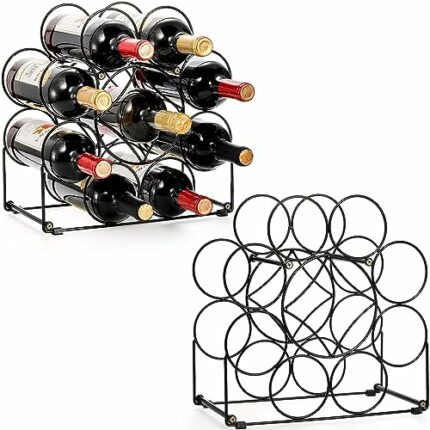 Youeon 2 Pcs Wine Racks Countertop, 9 Bottles Wine Rack Freestanding, Black Metal Wine Rack, Wine Holder Stand Wine Storage for Kitchen Counter,