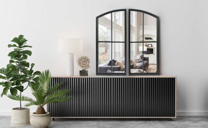 Black Arch Mirror,Window pane Mirror Wall Decor,Farmhouse Wall Mirror with Iron Frame,Wall Mounted Mirror for Entryway,Hallway,Living Room,Firepl