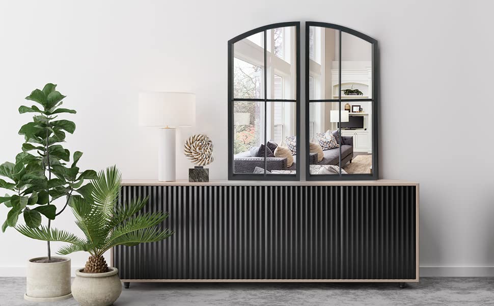 Black Arch Mirror,Window pane Mirror Wall Decor,Farmhouse Wall Mirror with Iron Frame,Wall Mounted Mirror for Entryway,Hallway,Living Room,Firepl