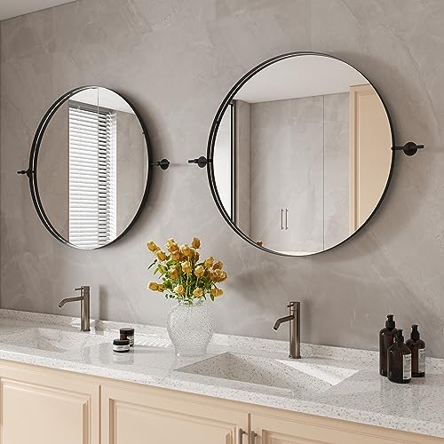 Black Pivot Round Mirror 30 Inch Circle Metal Framed Farmhouse Bathroom Mirror Tilting Beveled Vanity Mirrors for Wall