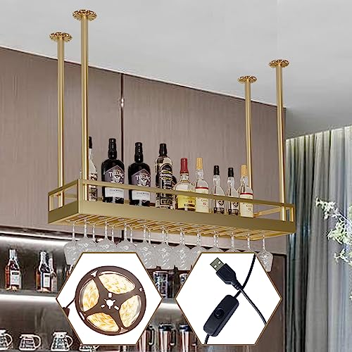 Industrial Bar Floating Shelf, 31.5" Ceiling Mounted Hanging Wine Bottle Holder, Gold Shelf, Wine Rack Wall Mounted, Champagne Glass Rack with Le