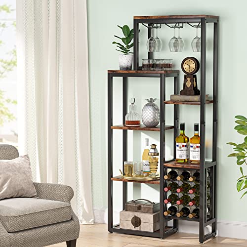 LITTLE TREE Wine Rack Freestanding Floor, 5-Tier Wine Baker Rack Wine Display Shelf with Glass Holder & Wine Storage for Bar, Kitchen, Dining Roo