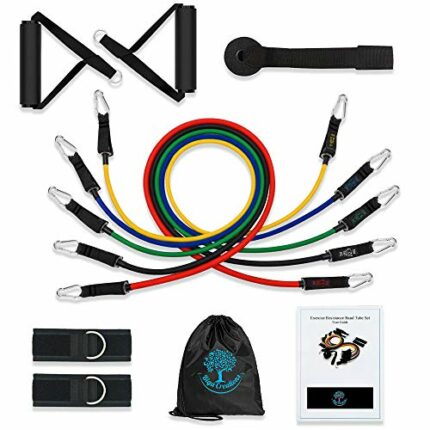 Resistance band set for Men/Women. Home Gym Exercise equipment. Workout fitness tubes stackable to 150lbs with 2 Foam Handles, ankle straps, door