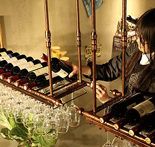 KEppd Ceiling Wine Rack, Adjustable Height Wall Hanging Metallic Iron Bottle Holder Wine Glass Holder Goblet Rack, Retro Style Creative Bar Decor