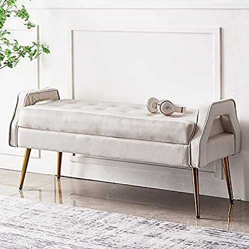 Luxurious Bedside Bench With Gold Legs, Bedroom Bench Velvet Seat, Comfortable And Versatile Entry Shoe Stool,White,100X46X55Cm(39X18X22Inch)