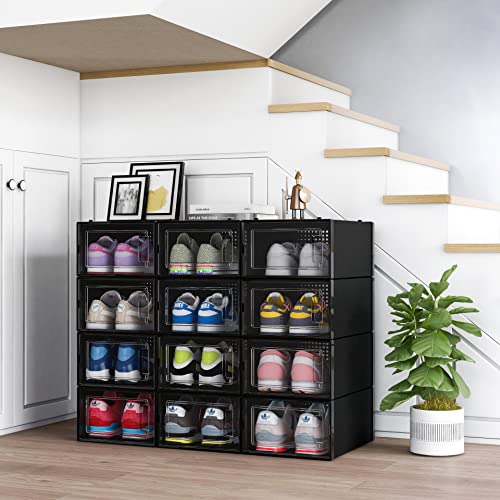 MELDEVO 12 Pack Shoe Organizer Boxes, Black Plastic Stackable Shoe Storage Bins For Closet, Space Saving Shoe Holder Sneaker Display Case for Med