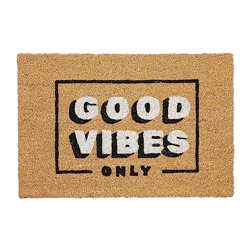 Relaxdays Welcome Coir Doormat, Good Vibes Coconut Mat, Shoe Scaper, Weatherproof, HxW: 40x60 cm, Natural/Black/White, Coco, Plastic, 60x40 cm