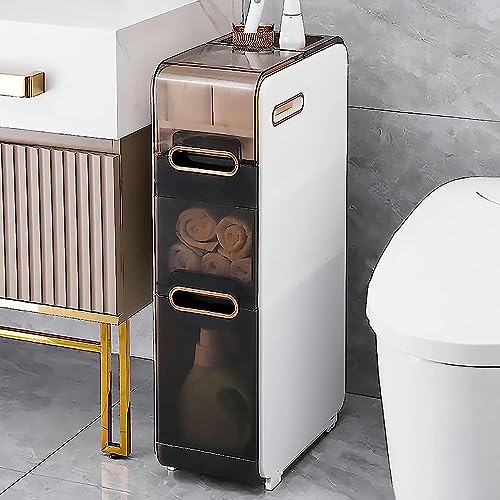 Narrow Bathroom Storage Cabinet with Drawer, 4-Tier Large Capacity Tall Slim Bathroom Floor Cabinet with Plastic Drawers and Casters Vertical Sto