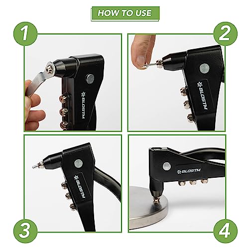 BLOSTM Pop Rivet Gun Kit - Full 200 Rivet Set with Pop Riveter & Carrying Case Containing 200 Rivets in 4 Sizes 2.4mm 3.2mm 4mm 4.8mm for Metal,