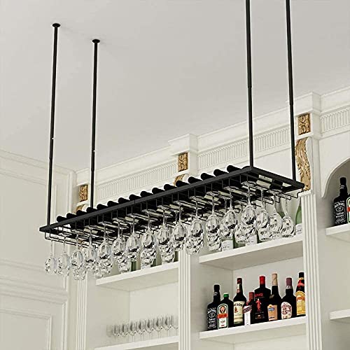 SUCHETA Hanging Wine Rack with Glass Holder and Shelf, Wine Rack Ceiling Wine Racks, Hanging Wine Glass Holder, Upside Down Home Wine Holder, Win