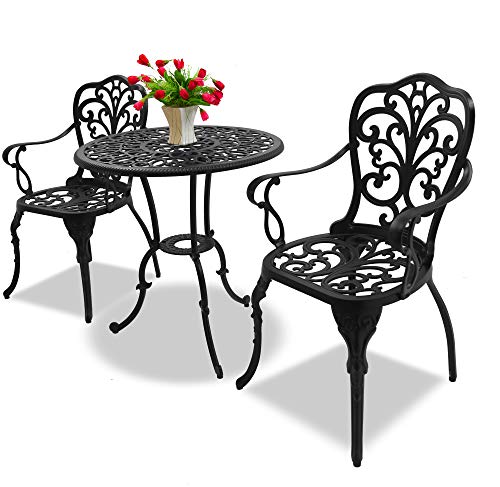 Homeology BANGUI Garden & Patio Table & 2 Large Chairs with Armrests Cast Aluminium Bistro Set - Black