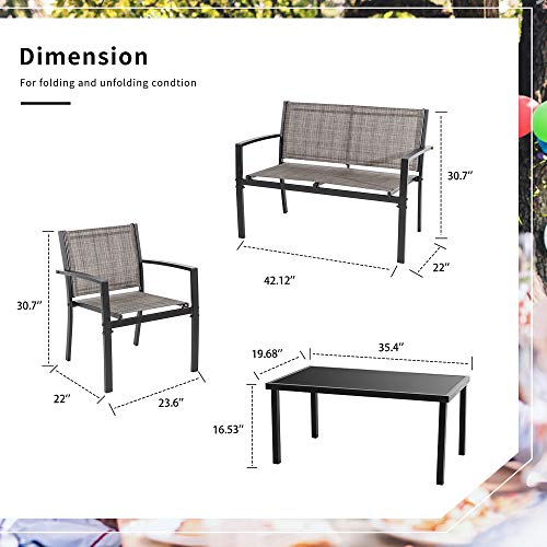 Shintenchi 4 Pieces Patio Furniture Set All Weather Textile Fabric Outdoor Conversation Set, with Glass Coffee Table, Loveseat, 2 Single Chairs f