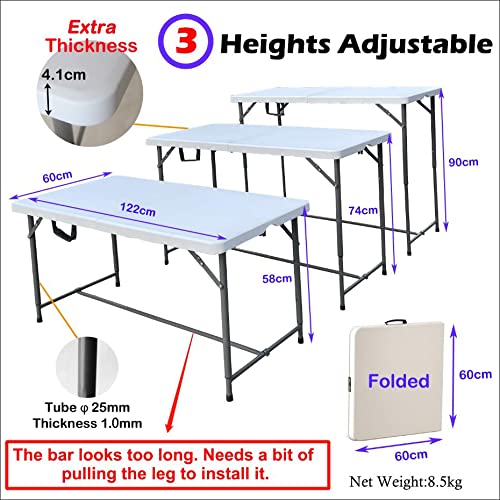 MQ Houseware 4ft Folding Table 3 Adjustable Heights Indoor & Outdoor for Camping Picnic Garden Kitchen Catering Party Market Event Buffet Dining