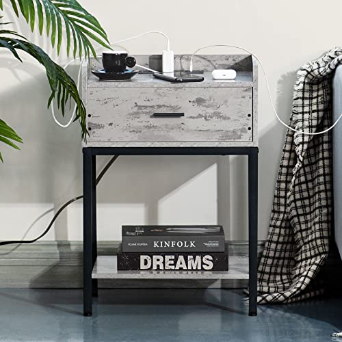 Lerliuo Nightstands Set of 2 with Charging Station and USB Ports, 3-Tier End Side Table with Storage Drawer and Shelf, Modern Bedside Night Stand