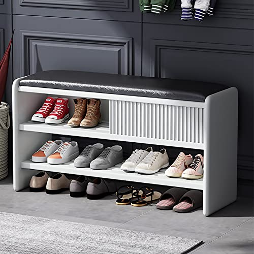 Modern Shoe Storage Bench,Wooden Entryway Bench with Leather Cushion,Upholstered Shoe Bench Shoe Cabinet Hallway Shoe Organizer Furniture-Brown-W