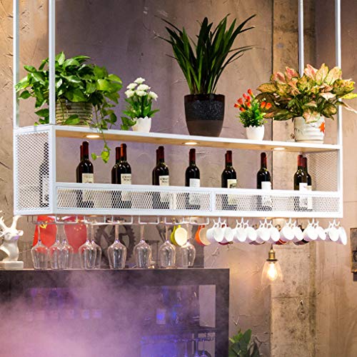 KEppd Wine Rack Wall | Wine Shelf with Glass Holder (with Spotlights) | Metal Ceiling Mounted Hanging Wine Holder | Wooden Wine Bottle Holder | S