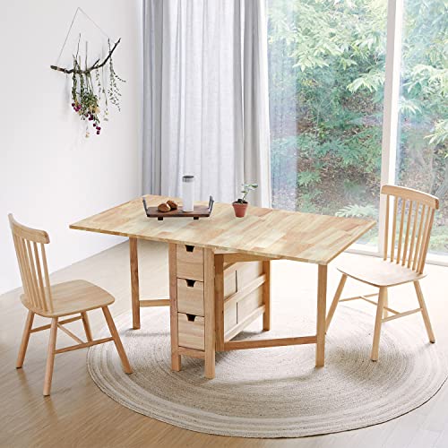 Livinia Wings Gate-Leg Wooden Dining Table, Solid Hardwood Expandable Drop Leaf Space Saving Kitchen Table with Drawers Fully Assembled(White)