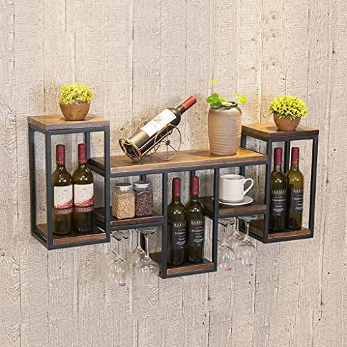 EMISOO Iron Wood Combined Wine Racks Wall Mount, Wall Unit Storage Organizer Shelf, Vintage Wine Bottle Holder Wine Goblet Stemware Holder for Ki