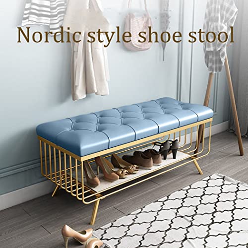Upholstered Bench, Shoe Bench with Shoe Shelf, Bedroom Stool, Steel Frame, Synthetic PU, Golden Metal Legs, for Living Room Entryway Indoor Vanit