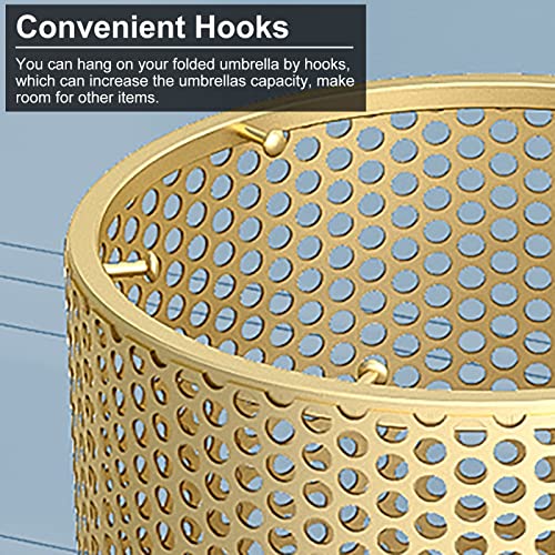 FBITE Umbrella Stands,Round Metal Mesh Umbrella Bucket with Hooks, Hollow Out Storage Rack for Canes Walking Sticks Umbrellas, Patio Home Front D