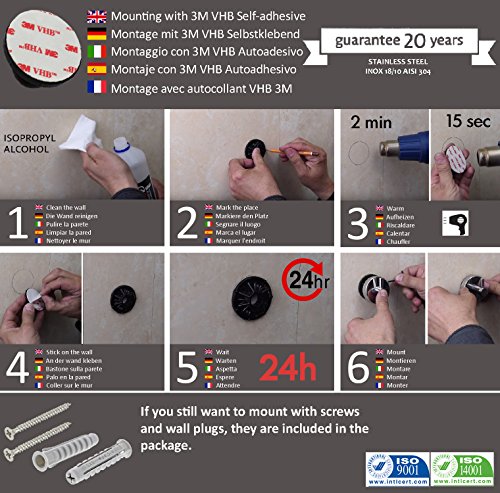 Kapitan Double Towel Bar Rail - Stainless Steel - 60 cm / 23.6 inches 3M Self Adhesive OR Screws Mounting, Polished Finish, Made in EU, 20 Years