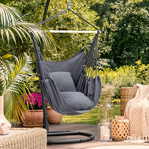 Hanging Chair Cotton Swing Chair with Hardwares, Ohuhu XL Portable Gray Hammock Chair with Cushions Installation Kit Detachable Metal Support Bar