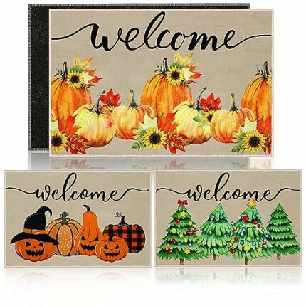 3 Pcs Halloween Gnome Welcome Mats Christmas Doormat Thanksgiving Gnome Welcome Door Mats Decorative Gnome Mat Entrance Mat Non Slip Washable Ind