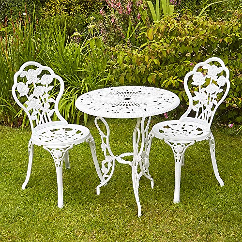 Home Source Rose Garden Patio Outdoor Bistro Set Table and 2 Chairs Metal Garden Furniture, Grey