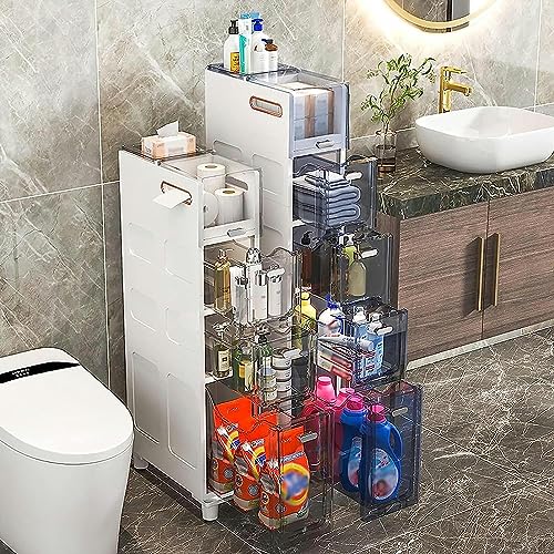 OPSREY Narrow Plastic Floor Bathroom Storage Cabinet Holder Organizer with Wheels, Multi-Purpose Storage Cabinet Unit for Living Room, Bedroom, K
