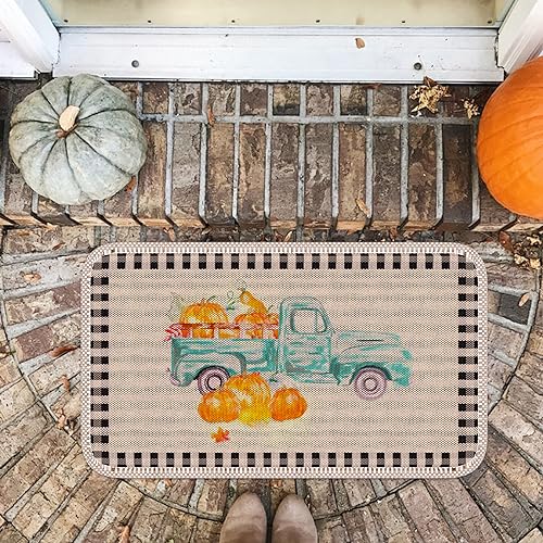 Kluevo Fall Door Mat, Fall Home Decor Fall Outdoor Rug Autumn Non-Slip Rubber Rugs for Front Door Intdoor, Pumpkin Truck Welcome Decorative Doorm